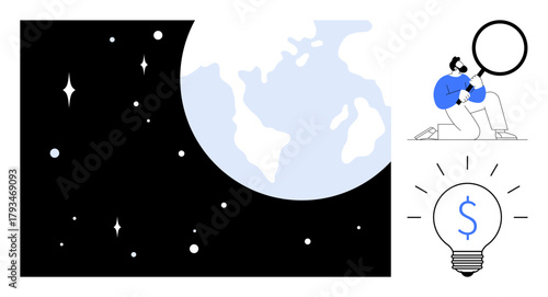 Earth globe and night stars signify exploration. Man with magnifier and dollar-lightbulb symbolize innovation, ideas, goals. Ideal for space, research, finance, technology, solutions potential
