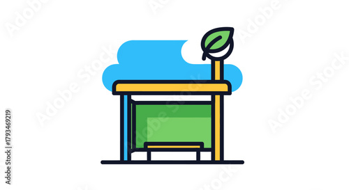 Eco-friendly bus stop with green leaf symbol.