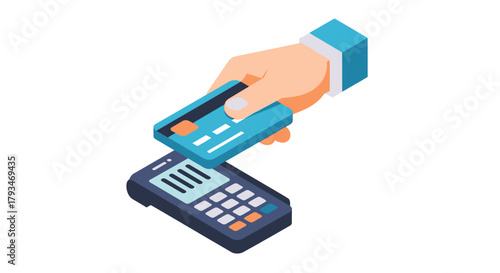Hand holding credit card over payment terminal for transaction.