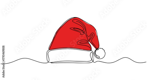 One line continuous drawing of a Santa Claus hat festive holiday celebration in an artistic style. (a