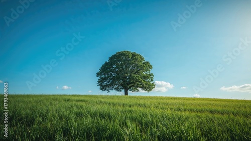 A solitary tree in a vast grassy field under a clear blue sky with clouds.