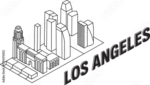 Los angeles cityscape isometric line drawing illustration architecture template perspective style