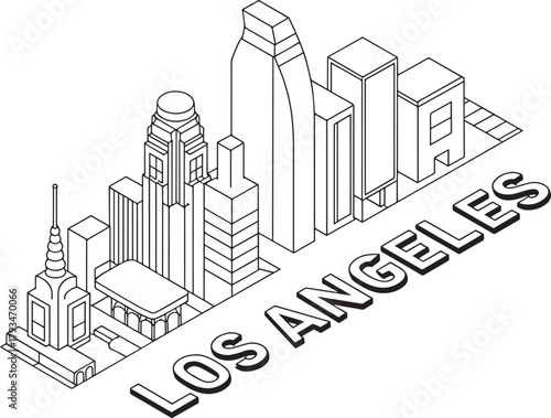 Los angeles cityscape isometric line drawing illustration architecture template perspective view