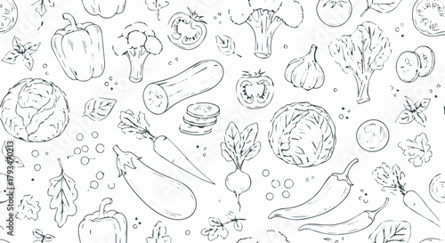 Hand-drawn Sketchy Vegetables Pattern on White Background - Fresh Produce Illustrations