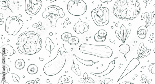 Seamless pattern of fresh vegetables and herbs, sketched in a clean, minimalist style, perfect for culinary designs