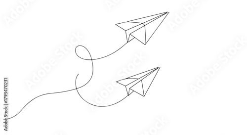 One Line Continuous Drawing of Two Paper Airplanes Flying with a Swirl Trail, Minimalist Design
