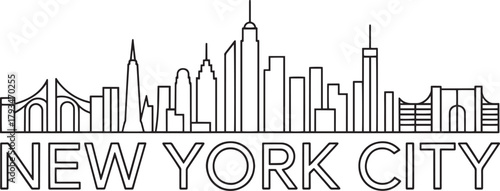 New york city outline skyline panoramic linear drawing famous landmarks minimal line art illustration vector