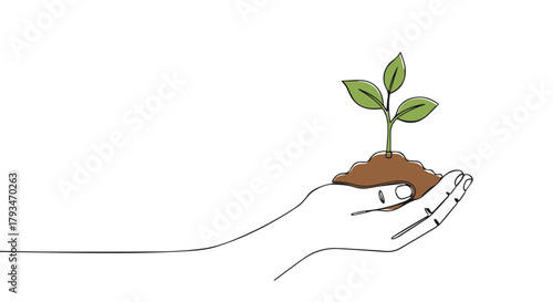 One single continuous line drawing of a hand holding a young plant with soil, representing environmental care and growth concept e.eps