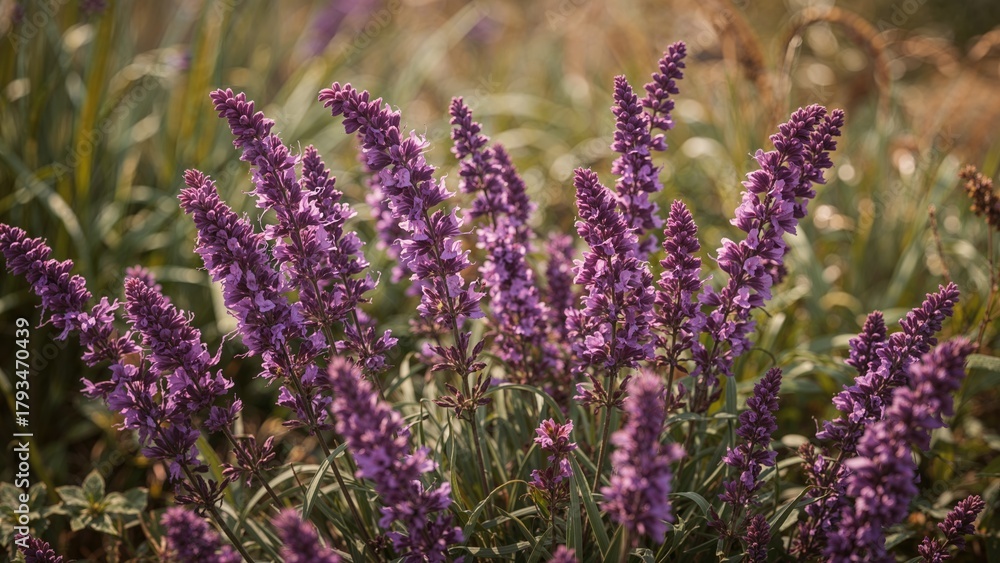 Obraz premium Purple flowers in bloom, possibly lavender, in a natural outdoor setting during daytime.