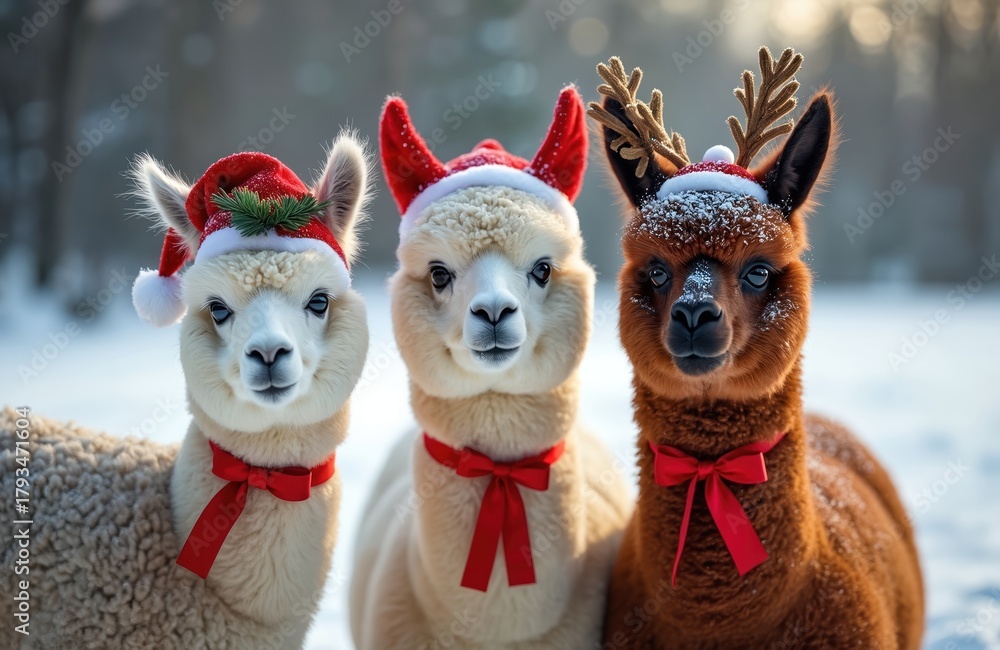 Obraz premium Three alpacas in winter with festive horns, Santa hat. Animals wear red ribbons around their necks. They stand in snowy landscape with trees. Alpacas look at camera. They have different colors of fur.