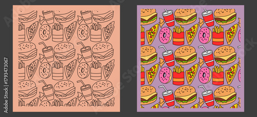 Editable junkfood food paper work pattern line art and colored for flyer, gift card ,gift wrapping paper