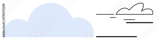 Solid blue cloud contrasted with a black line art cloud featuring dynamic motion lines. Ideal for weather, simplicity, creativity, minimalism, contrast, duality, and abstract concepts as a simple