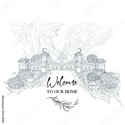 Beautiful vector hand drawn landscape scene with luxury vintage gates, fence and garden, welcome to our home