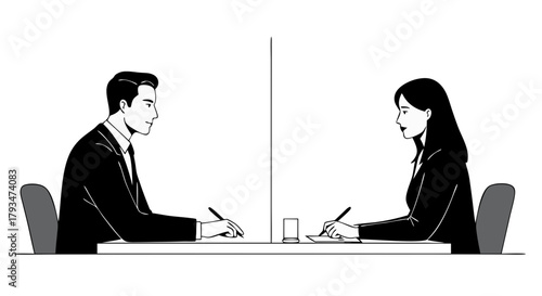 Couple in divorce meeting . Business meeting between man and woman taking notes at table  