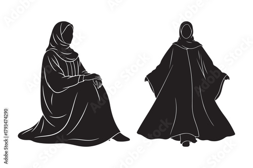 Two figures in black hooded robes against a white background