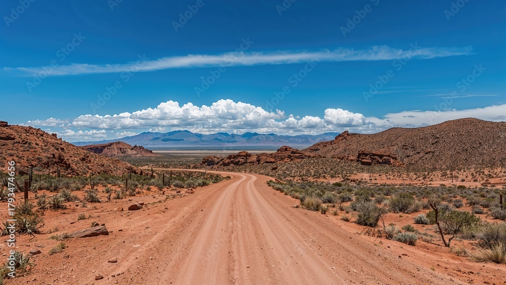 Fototapeta premium Desert landscape with dirt road, rugged hills, and mountains in the distance under a blue sky with clouds.