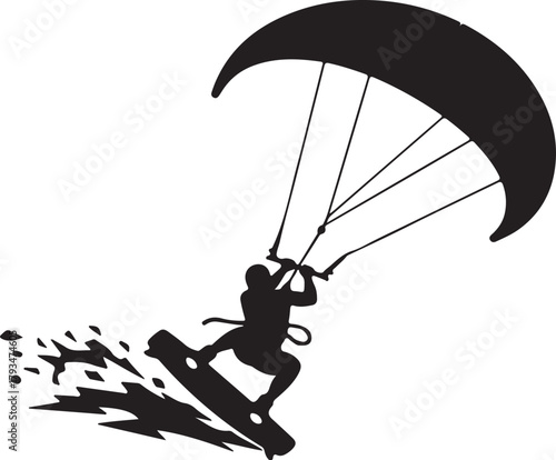 Silhouette of a kitesurfer riding a board with a large kite and water splashes kitesurfing kiteboarding on transparent background