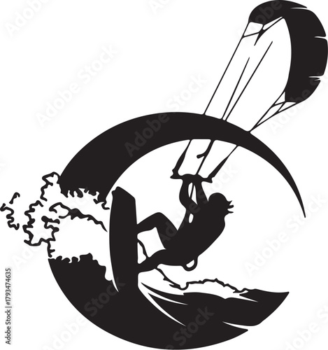 Silhouette of a kitesurfer performing a trick within a circular wave Keywords: kitesurfing, kiteboarding, surfer, wave, ocean, sea, water sport, extreme sport, silhouette, on transparent background
