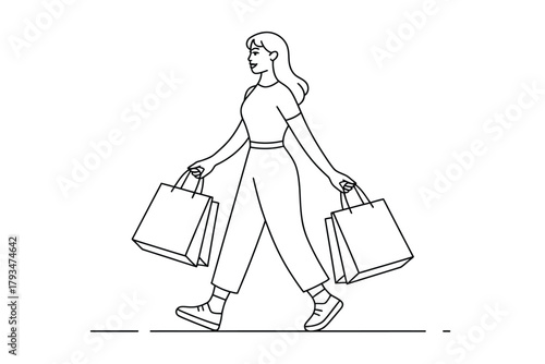 A woman walks happily carrying shopping bags, illustrating a lifestyle concept.