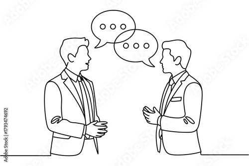 Two businessmen engage in a conversation with speech bubbles indicating dialogue.