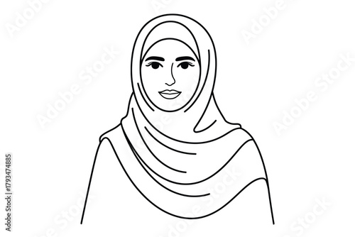 A woman wearing a hijab is depicted in a simple line drawing.