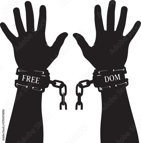Silhouette of two arms breaking free from chains with the word FREDOM on the cuffs Keywords: freedom, liberation, breaking chains, emancipation, human rights, protest, on transparent background