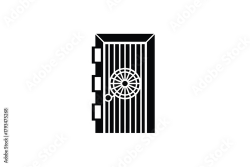A black and white illustration of a heavy-duty bank vault door with a combination lock.