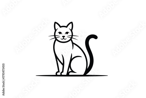 A stylized black and white illustration of a sitting cat with a curved tail.