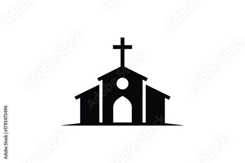 A silhouette of a church with a cross on top is shown against a white background.