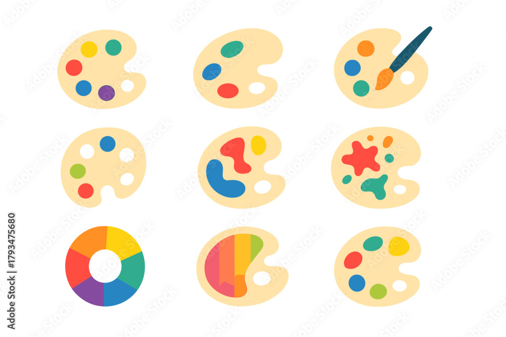 Obraz premium Art palette silhouette icon set. featuring paintbrush, color mixing, rainbow palette, and splatter symbols