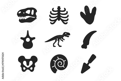Paleontology silhouette icon set. featuring dinosaur bone, fossil, footprint, and excavation symbols