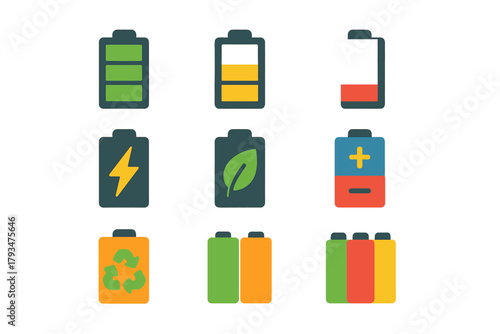 Energy and environment flat icon set. featuring battery levels, charging, recycling, and eco-friendly symbols