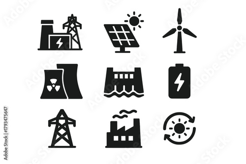 Energy and power silhouette icon set. featuring solar panel, wind turbine, nuclear plant, and battery symbols