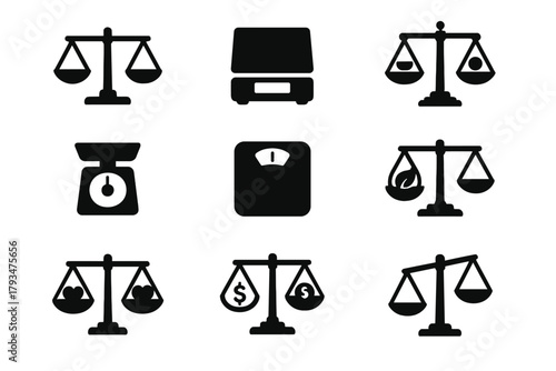 Justice and measurement silhouette icon set. featuring scales, weight, and balance symbols