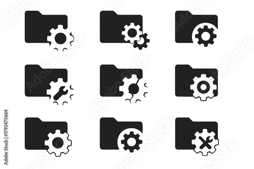 File management silhouette icon set. featuring folder, gear, settings, wrench, and delete symbols