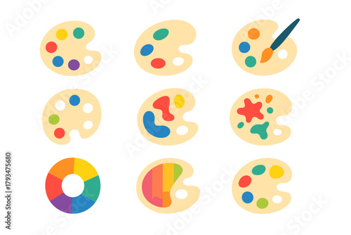 Art palette silhouette icon set. featuring paintbrush, color mixing, rainbow palette, and splatter symbols