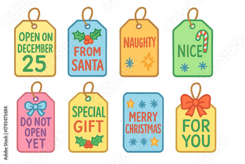 Christmas tags flat icon set. featuring december 25, from santa, naughty, nice, do not open, special gift, merry christmas, for you