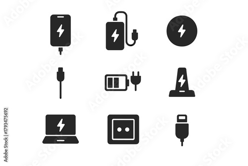Charging devices silhouette icon set. featuring smartphone, power bank, wireless charger, cable, plug, and laptop symbols