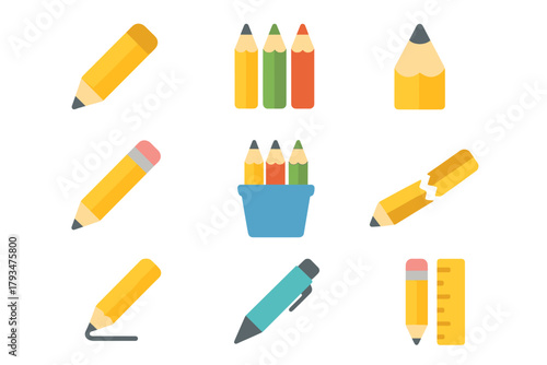 Stationery flat icon set. featuring pencil, pen, ruler, colored pencils, and eraser symbols