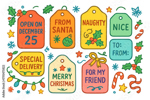 Christmas gift tags flat icons set. featuring 'open on december 25,' 'from santa,' 'naughty,' 'nice,' 'special delivery'