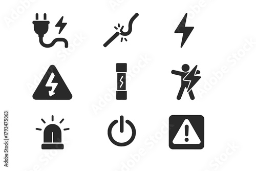 Electrical safety silhouette icon set. featuring plug, wire, bolt, fuse, danger, shock, siren, power, warning symbols