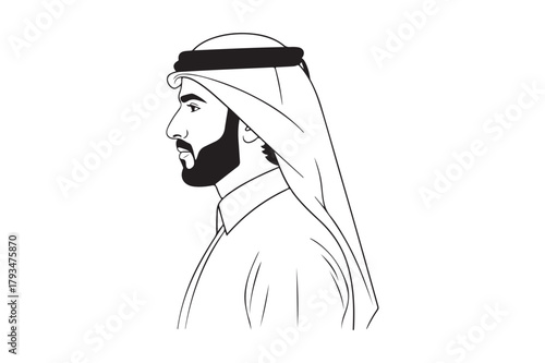 Line drawing of a man in traditional middle eastern attire