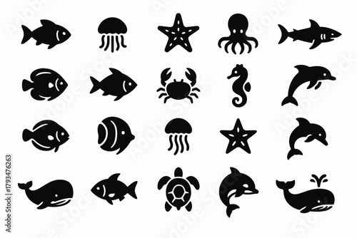 A set of 20 black silhouette icons of marine animals and ocean dwellers in the style of solid black silhouette icons (solid black fill, no outlines). 