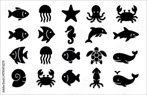 A set of 20 black silhouette icons of marine animals and ocean dwellers in the style of solid black silhouette icons (solid black fill, no outlines). 