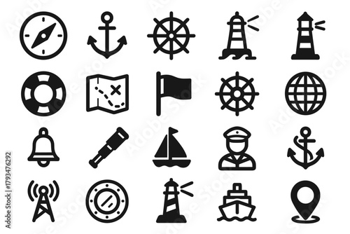 A set of 20 black and white linear icons on a maritime/navigation theme in thin line art style (thin black outlines, no fill). All icons are vector, minimalistic, clean.
