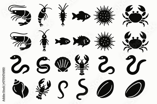 A set of 24 black silhouette icons of sea creatures in solid black silhouette style (solid black fill, no outlines). All icons are flat design.