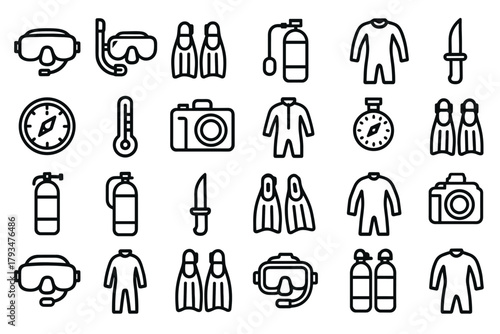 A set of 24 black and white line icons related to scuba diving.
