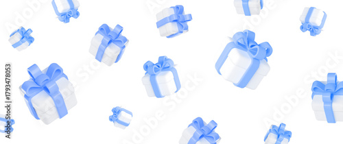 3d flying white gift box with blue ribbon and different angles. Stock vector illustration on isolated background.