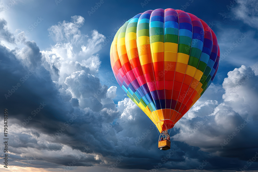 Fototapeta premium Colorful hot air balloon soaring over dramatic clouds during daytime