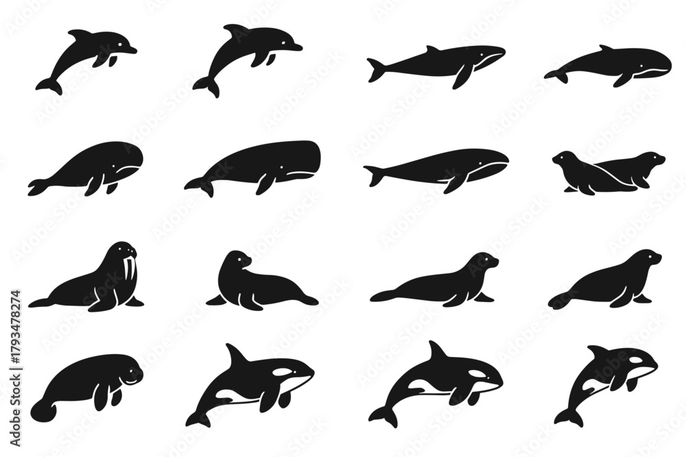 Obraz premium a collection of 20 black silhouette icons representing various marine animals.